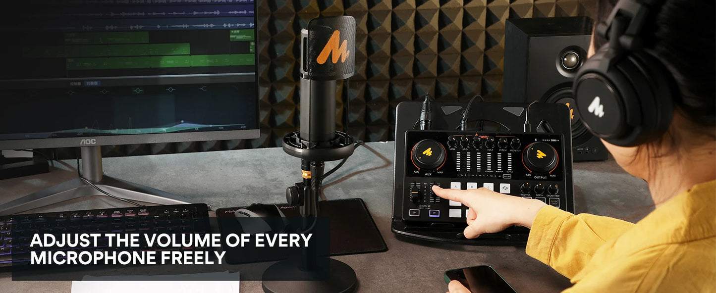MaonoCaster AME2A – Komplet studijske opreme za podcaste »vse v enem« | Zvočna kartica + mikrofon XLR + avdio vmesnik za prenose v živo, YouTube, telefone in računalnike