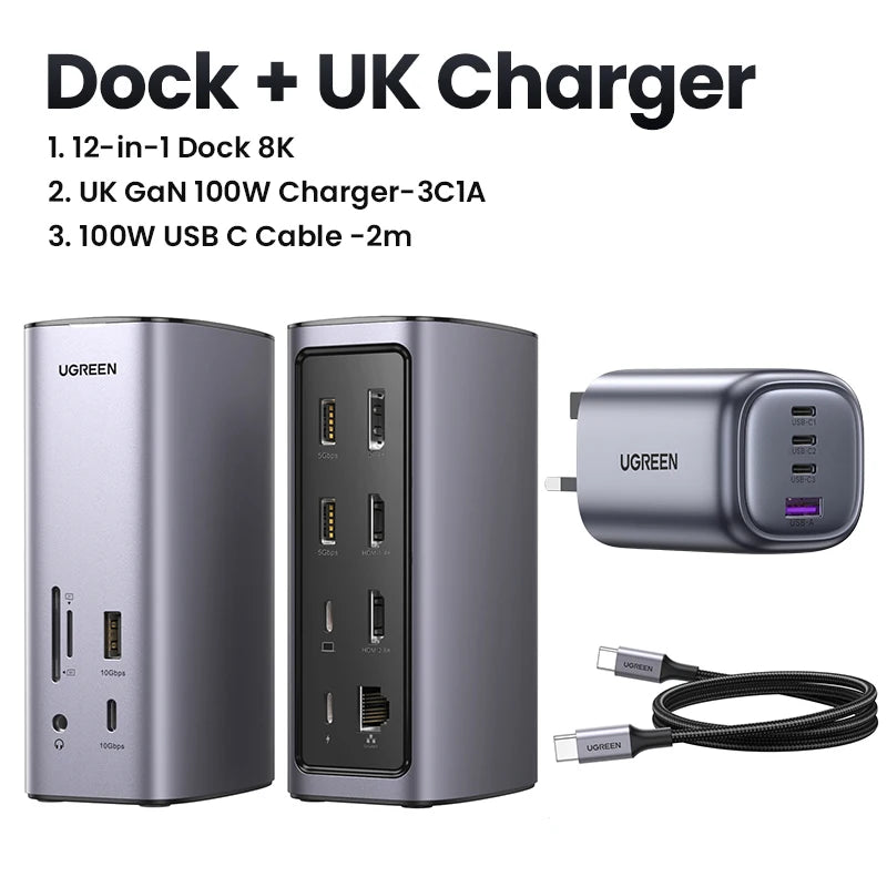 UGREEN 12-v-1 priklopna postaja USB-C z 8K HDMI, 4K60Hz DisplayPort, trojnim zaslonom