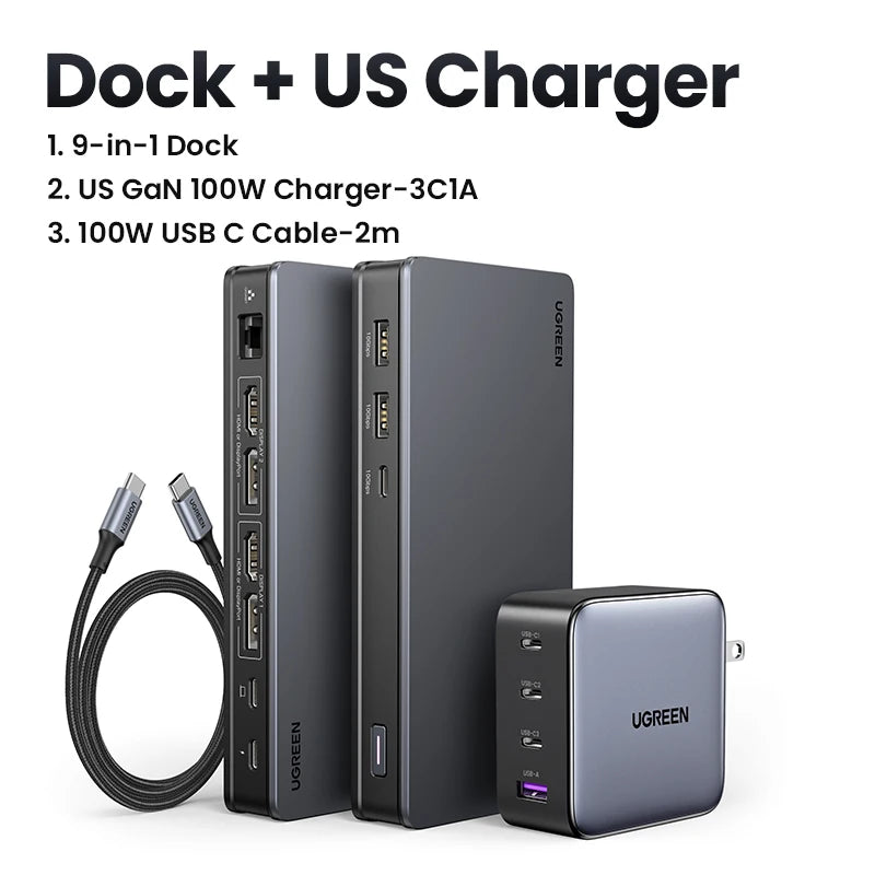 UGREEN 9‑v‑1 priklopna postaja DisplayLink USB‑C z dvojnim 4K60Hz