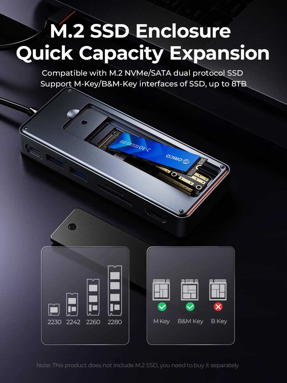 RICO USB‑C Hub Docking Station with M.2 NVMe/SATA SSD Enclosure