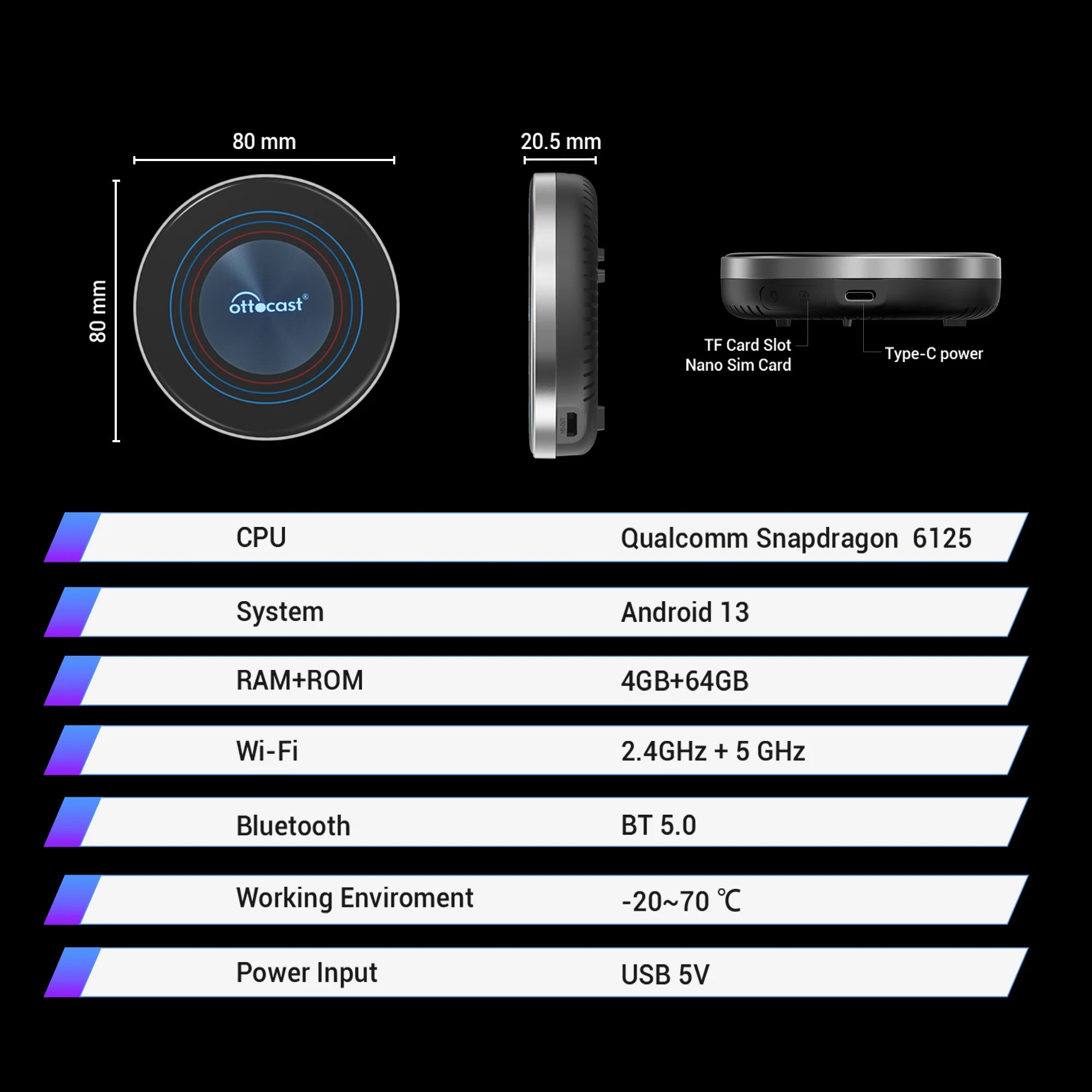 OTTOCAST OttoAiBox i3 Wireless CarPlay AI Box Snapdragon 6125