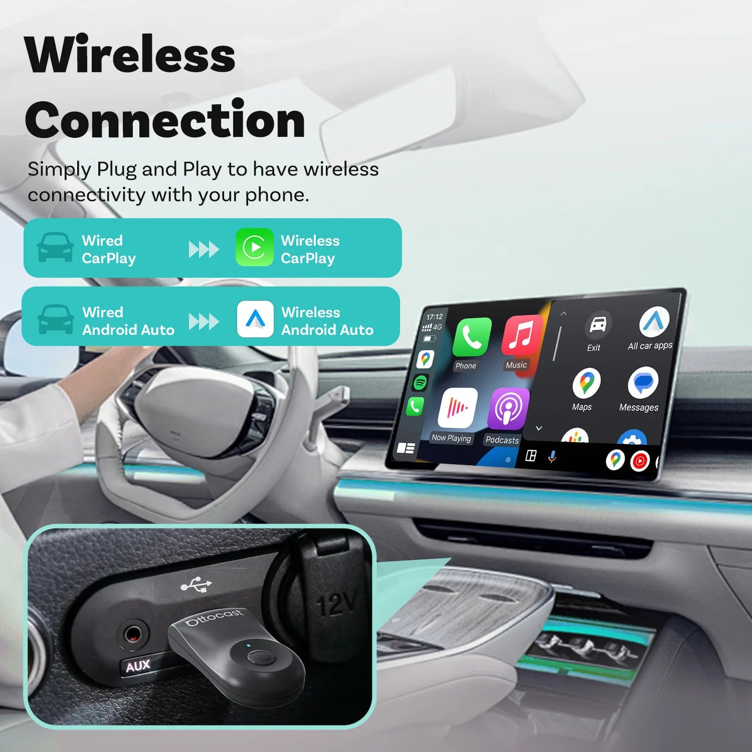 OTTOCAST Mini brezžični CarPlay in Android Auto adapter