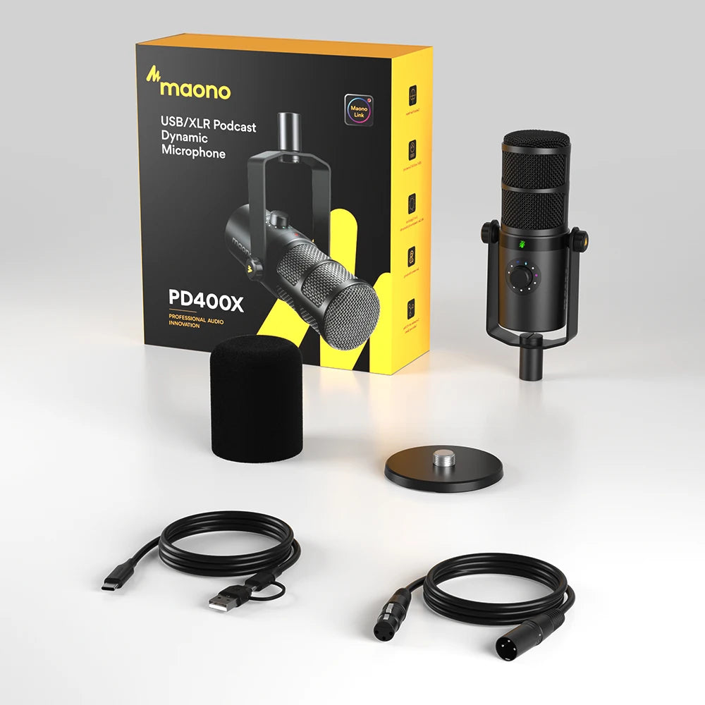 Maono PD400X – XLR/USB Dynamic Microphone | All‑Metal Podcast & Streaming Mic with One‑Touch Mute, Gain Control & Headphone Monitoring