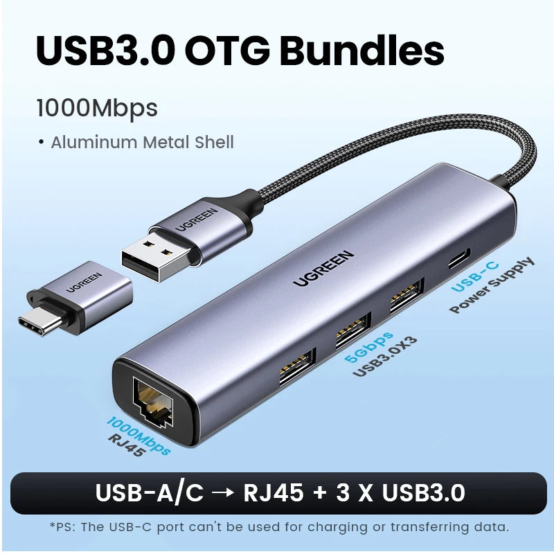 UGREEN USB Ethernet Adapter 1000/100Mbps USB 3.0 HUB RJ45 LAN