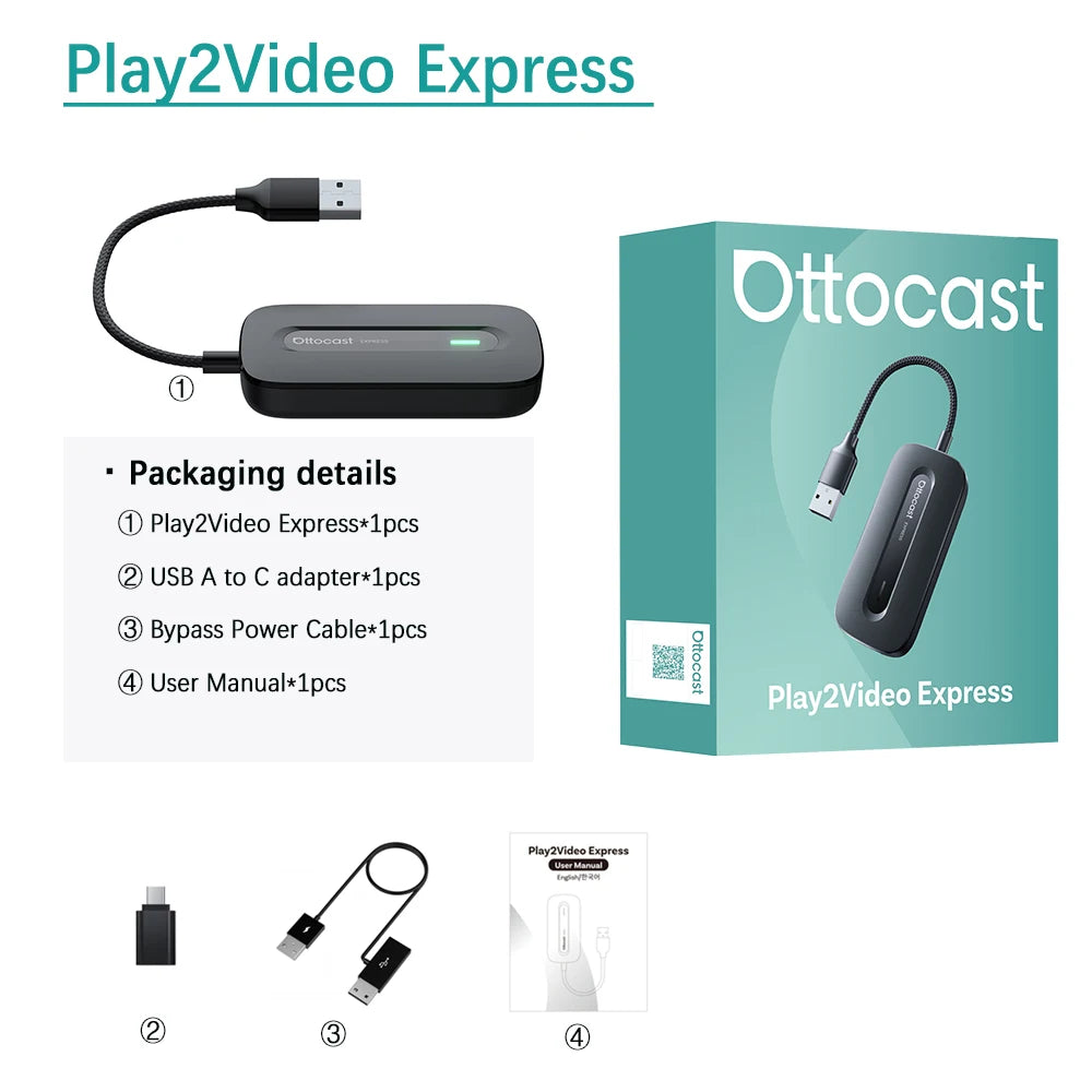 OTTOCAST Play2Video Express brezžična video AI škatla za CarPlay