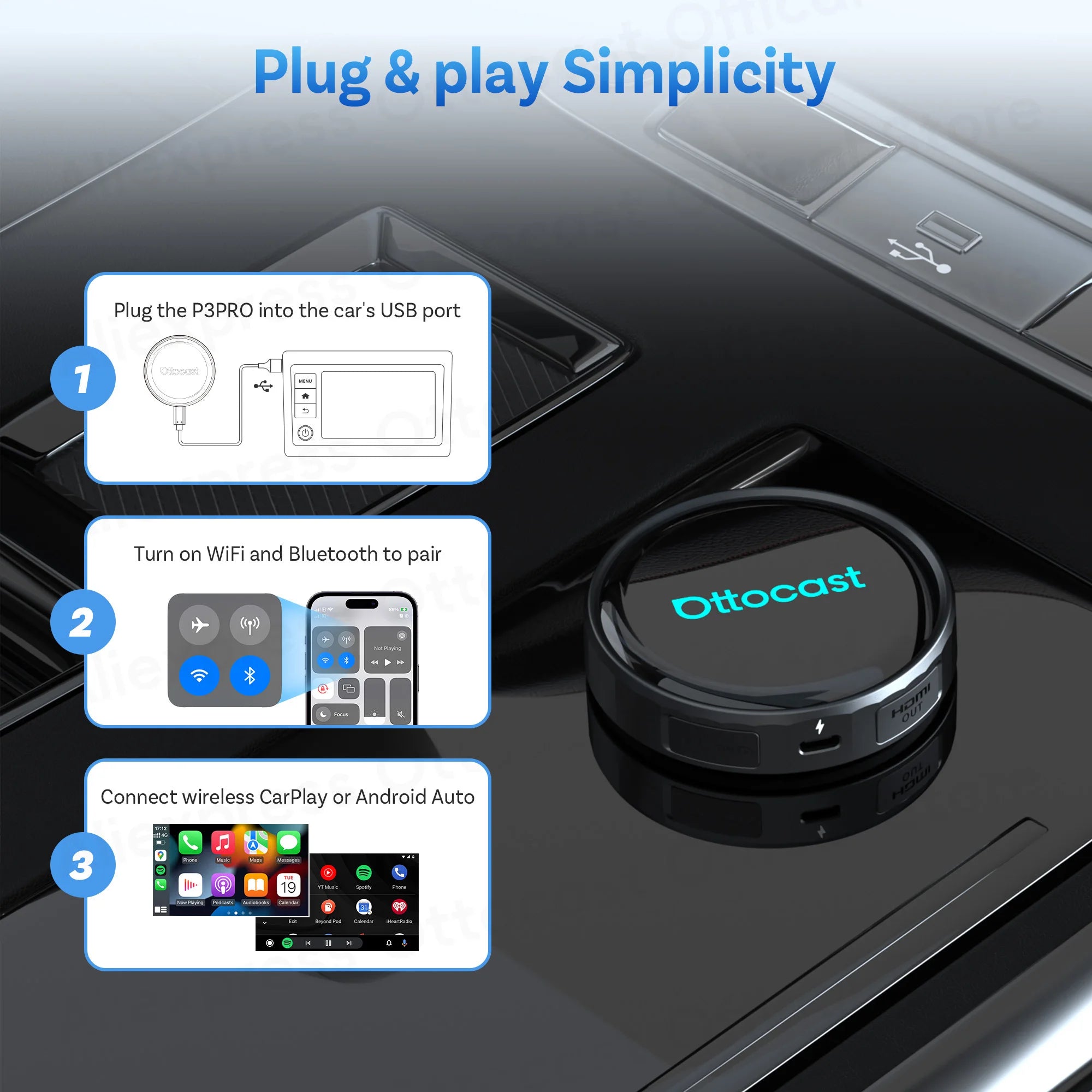 OTTOCAST P3 / P3 PRO Android TV AI Box z HDMI in brezžičnim CarPlayem