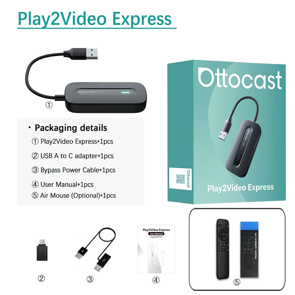 OTTOCAST Play2Video Express brezžična video AI škatla za CarPlay