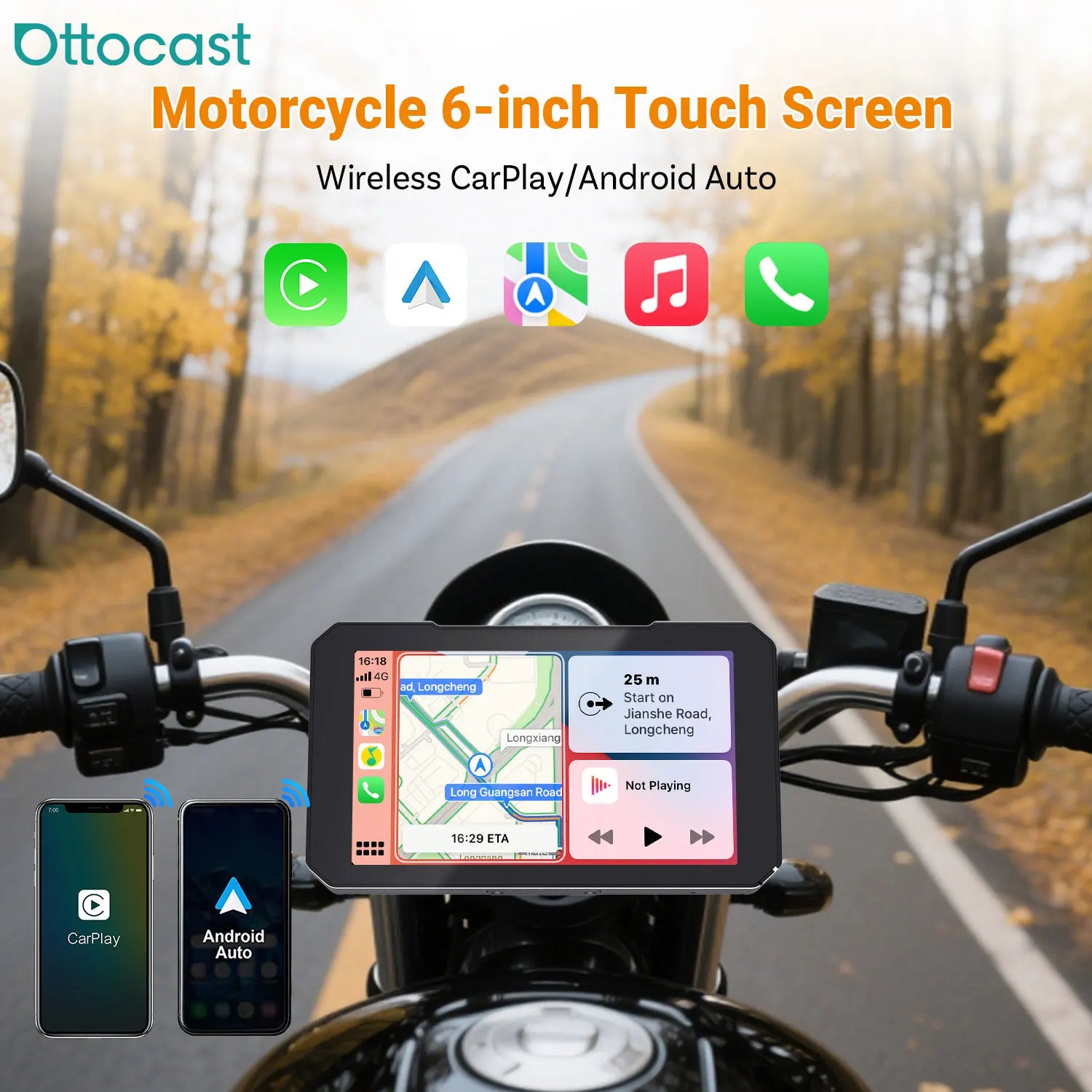 OTTOCAST Express C6 6-palčni brezžični zaslon CarPlay za motorno kolo