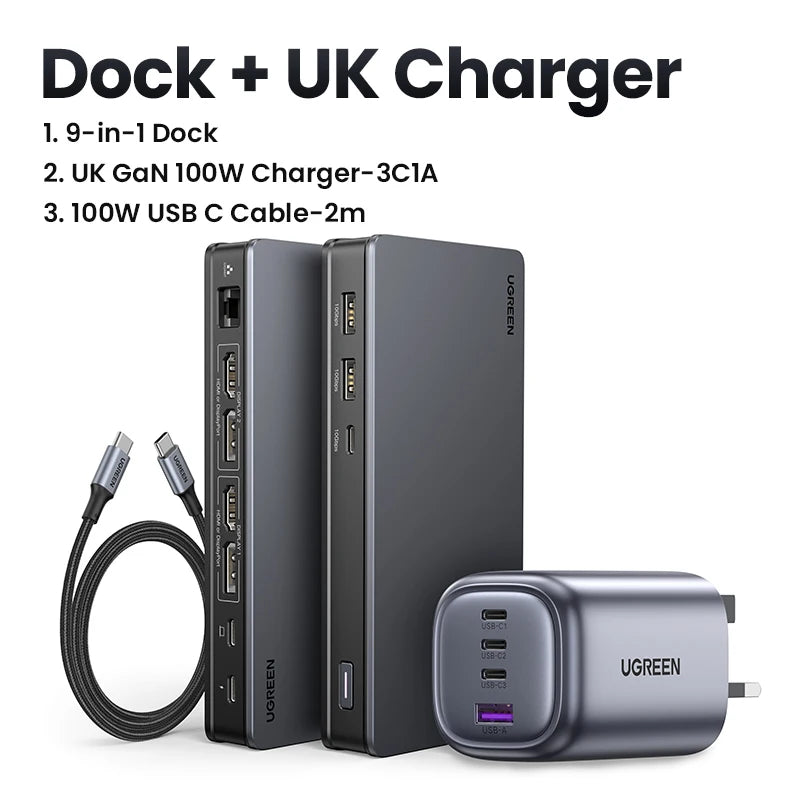 UGREEN 9‑v‑1 priklopna postaja DisplayLink USB‑C z dvojnim 4K60Hz