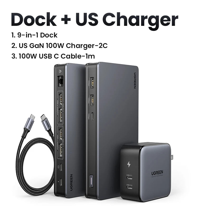 UGREEN 9‑v‑1 priklopna postaja DisplayLink USB‑C z dvojnim 4K60Hz