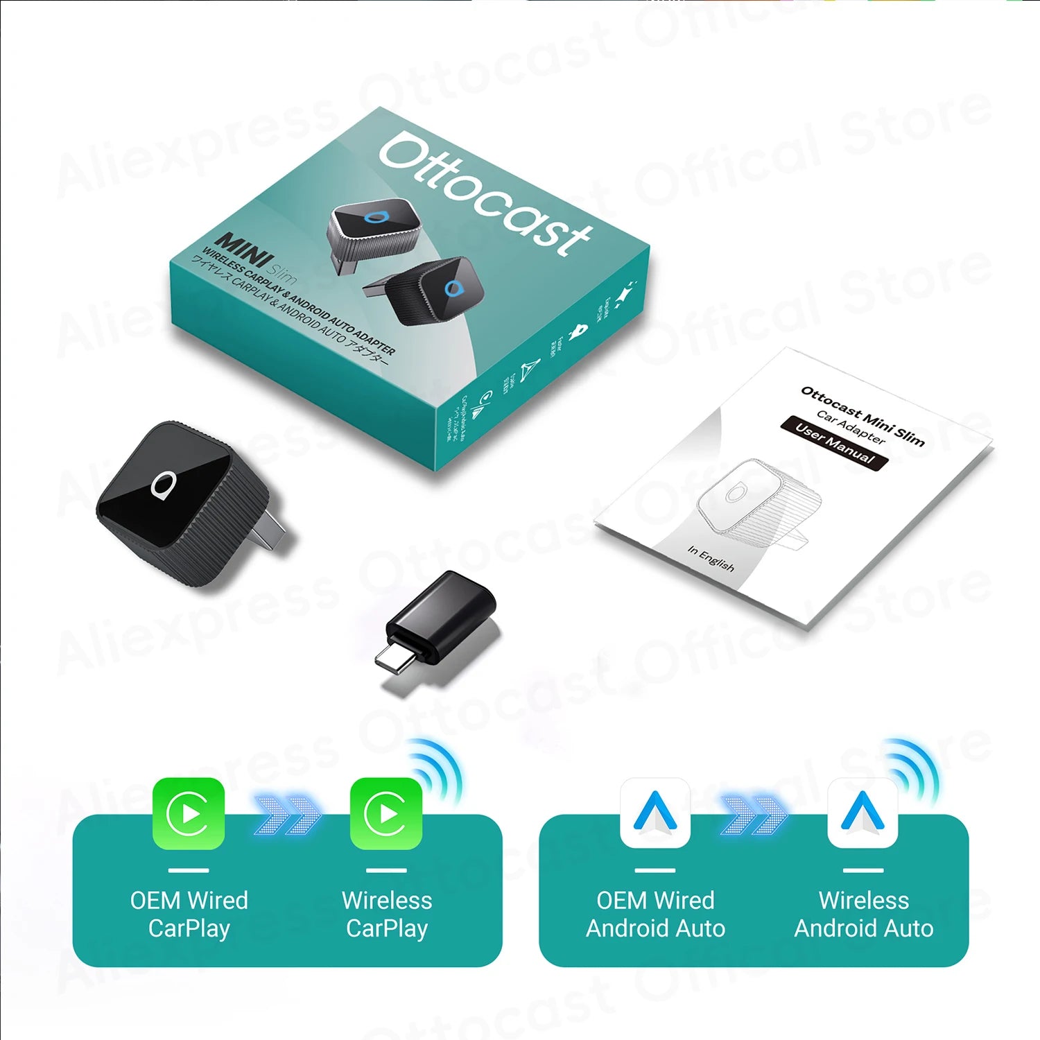 Brezžični adapter CarPlay & Android Auto OTTOCAST Cube MINI Slim