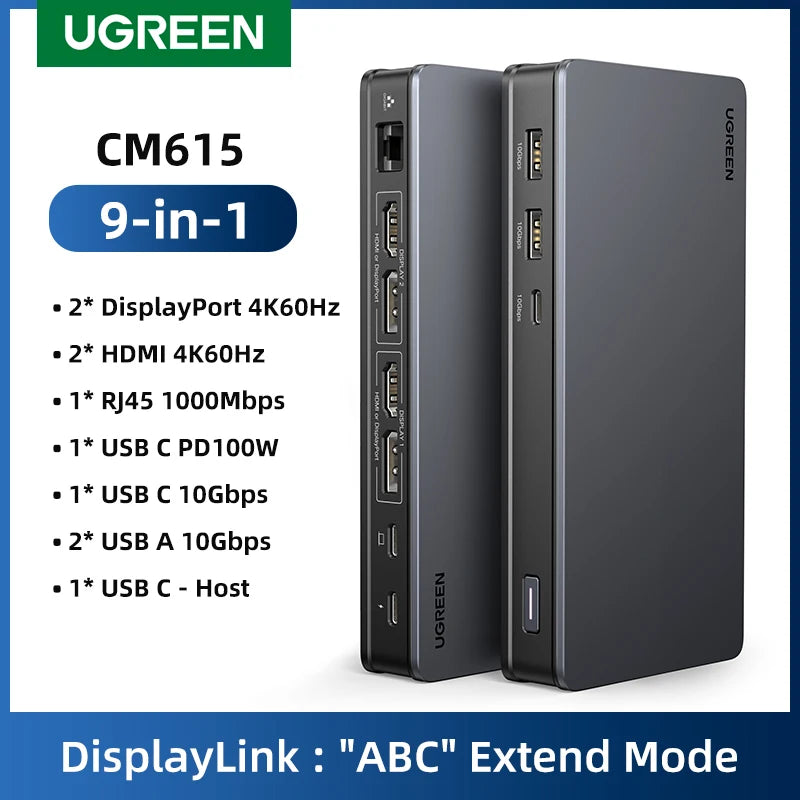 UGREEN 9‑v‑1 priklopna postaja DisplayLink USB‑C z dvojnim 4K60Hz
