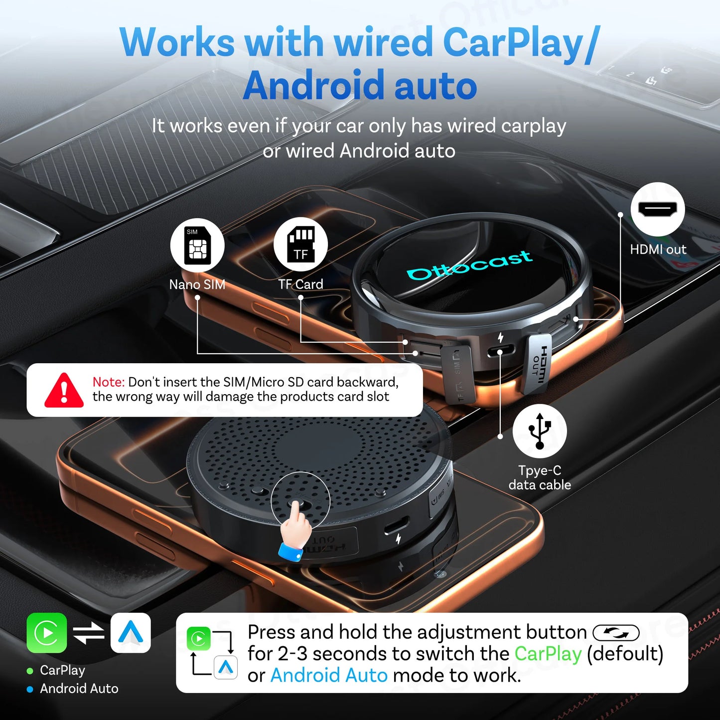OTTOCAST P3 PRO AI Box with HDMI & Wireless CarPlay