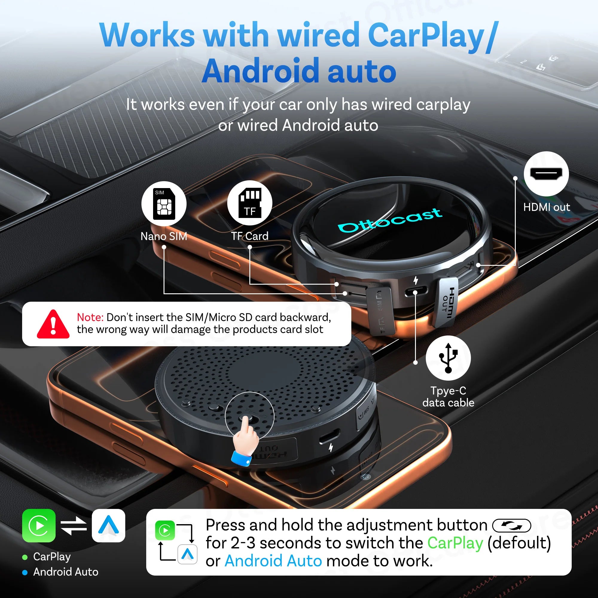 OTTOCAST P3 PRO AI Box with HDMI & Wireless CarPlay