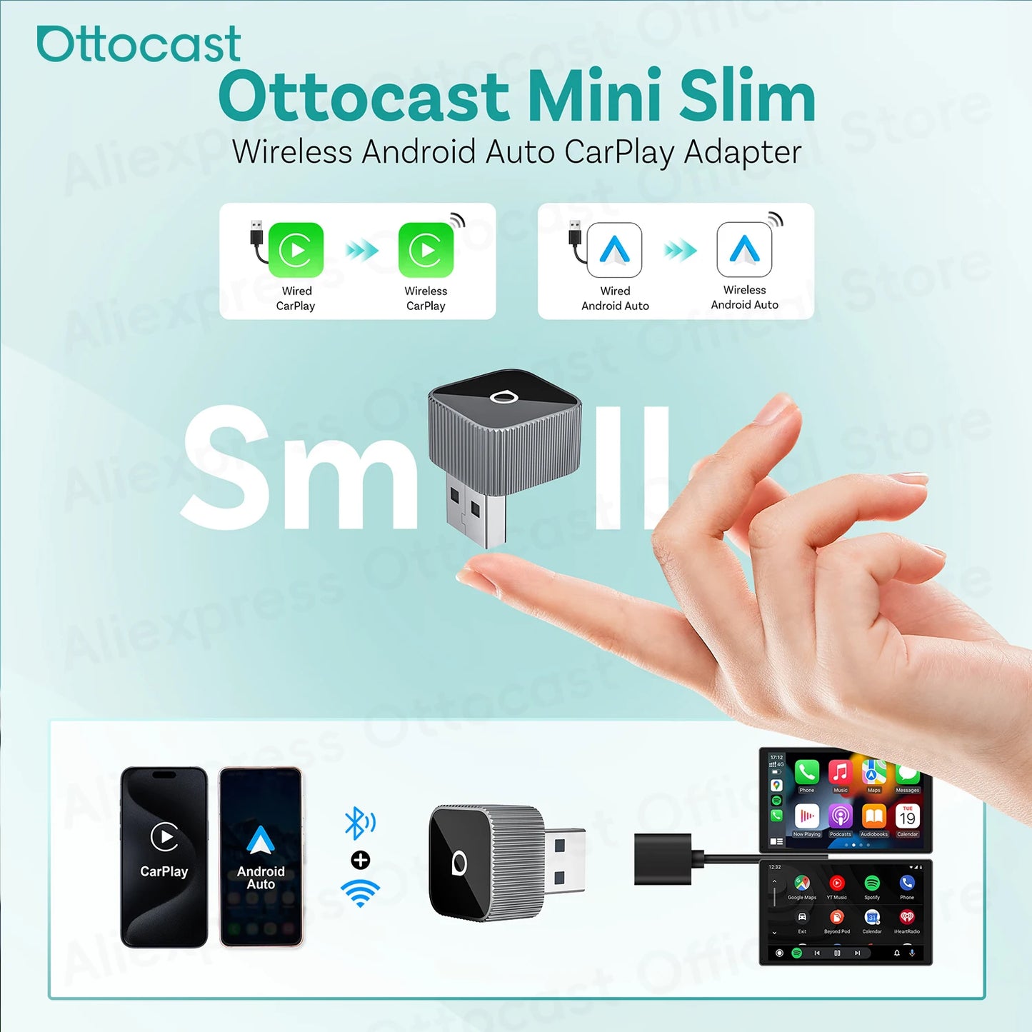 OTTOCAST Mini Slim brezžični CarPlay in Android Auto adapter