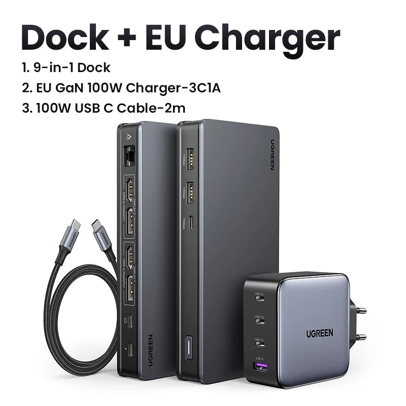 UGREEN 9‑v‑1 priklopna postaja DisplayLink USB‑C z dvojnim 4K60Hz