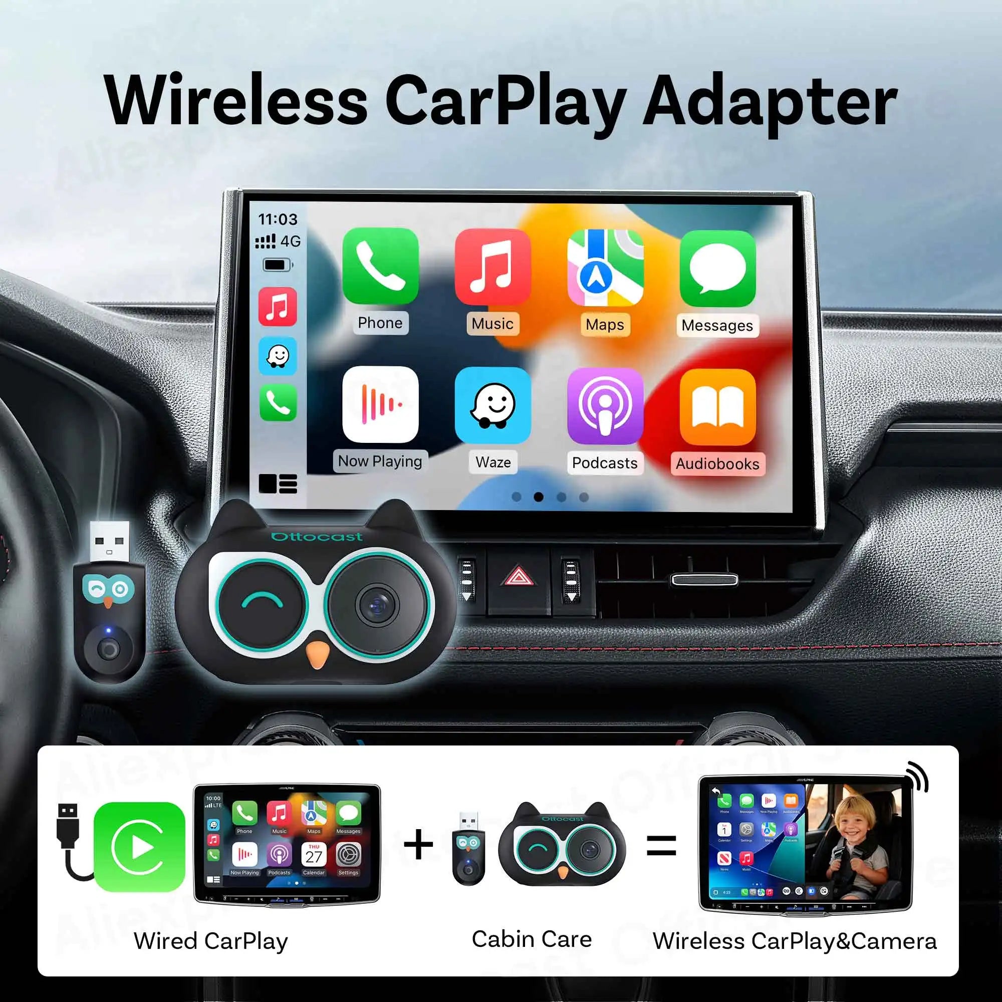 OTTOCAST Cabin Care 2-v-1 brezžični CarPlay + kamera