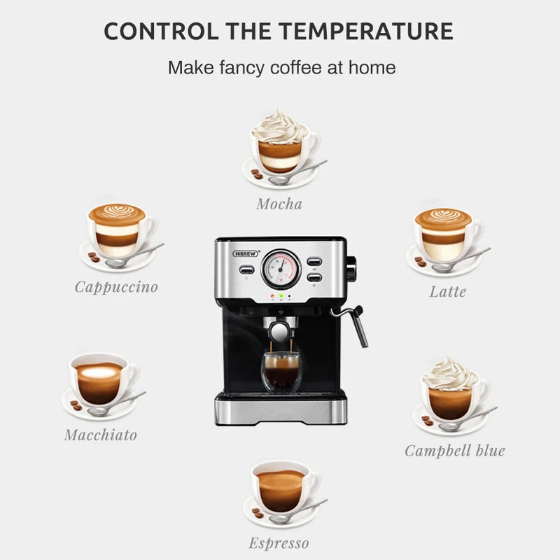 HiBREW H5 – Polavtomatski espresso kavni aparat s tlakom 20 barov | Kavni aparat iz nerjavečega jekla s prikazovalnikom temperature