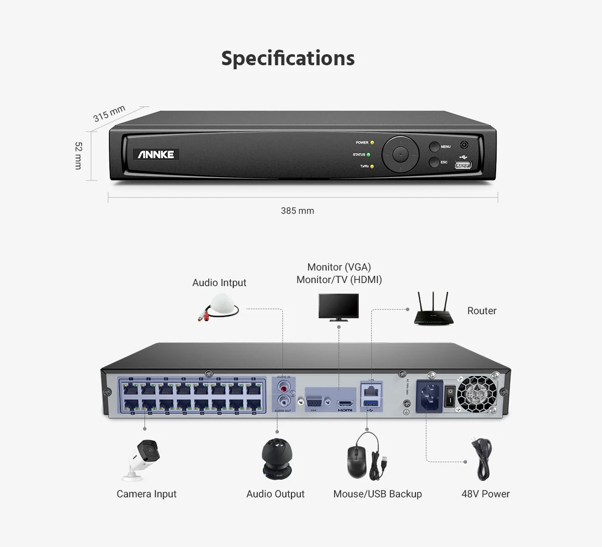 ANNKE H500 5MP PoE CCTV System | 16CH H.265+ NVR, 16× IP67 Cameras, Audio‑In