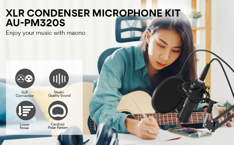 Maono PM320S – Professional XLR Condenser Microphone Kit | Cardioid Vocal Studio Mic for Streaming, Voice‑Over & Home‑Studio Recording