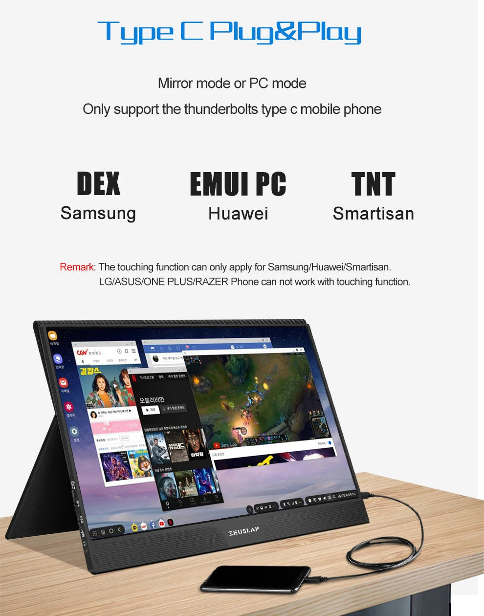 ZEUSLAP Z15ST 15,6" prenosni monitor na dotik | FHD 1080p, USB-C in HDMI, DeX/EMUI/TNT