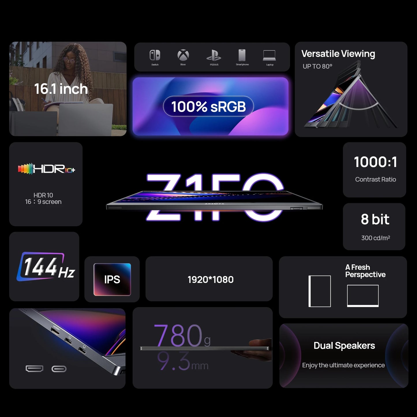 Prenosni igralni monitor ARZOPA Z1FC 16,1" | 144Hz, 1080P FHD, 100 % sRGB, IPS, USB-C in HDMI