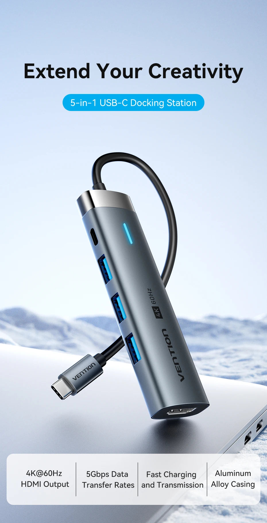 Vention 5-v-1 USB-C Hub | 4K60Hz HDMI, USB 3.0, PD100W Večportni priklop za MacBook & Android