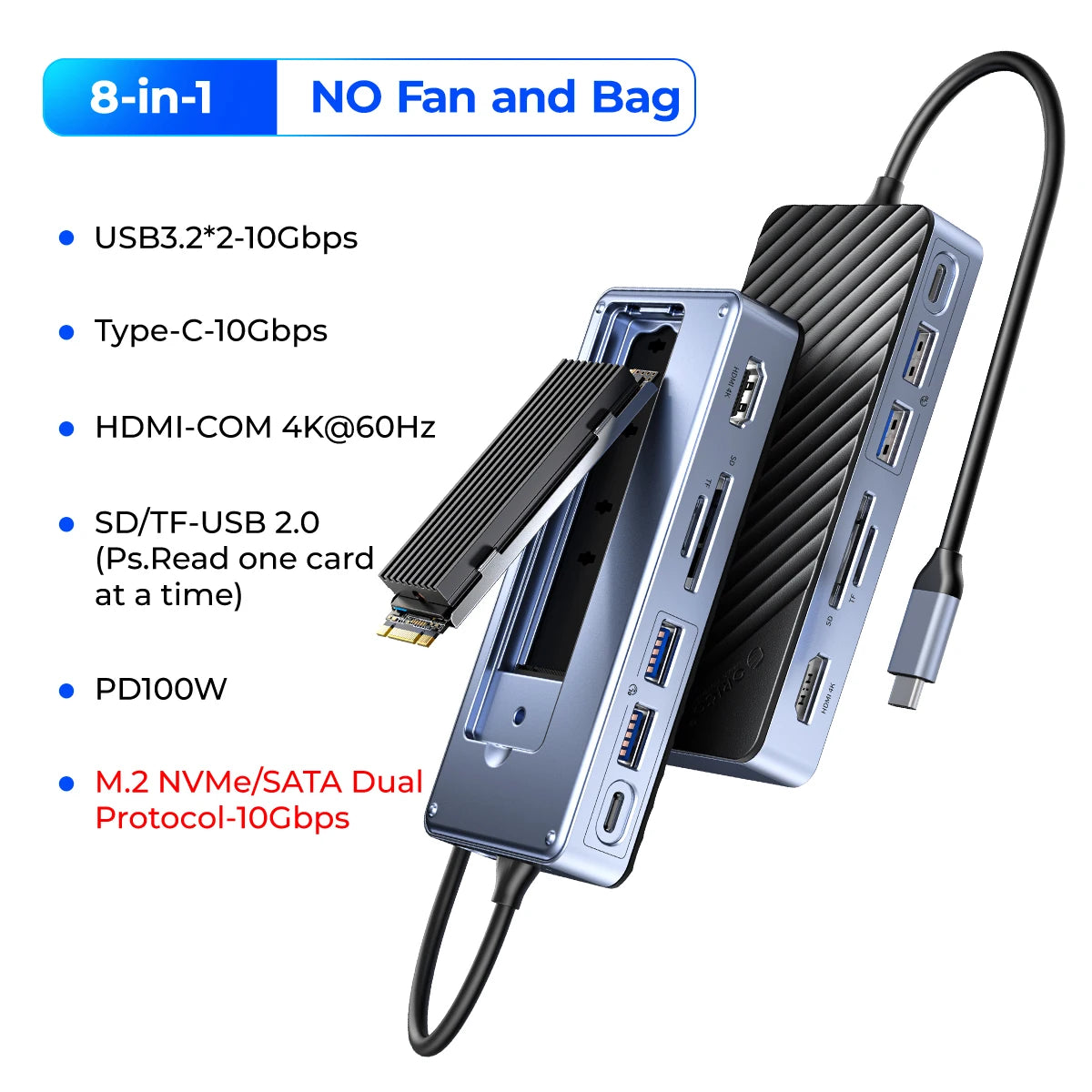 RICO USB‑C Hub Docking Station with M.2 NVMe/SATA SSD Enclosure