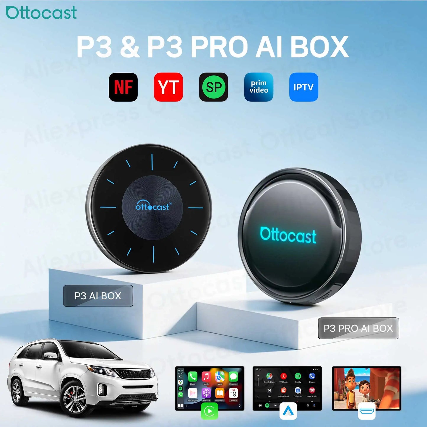 OTTOCAST P3 / P3 PRO Android TV AI Box z HDMI in brezžičnim CarPlayem