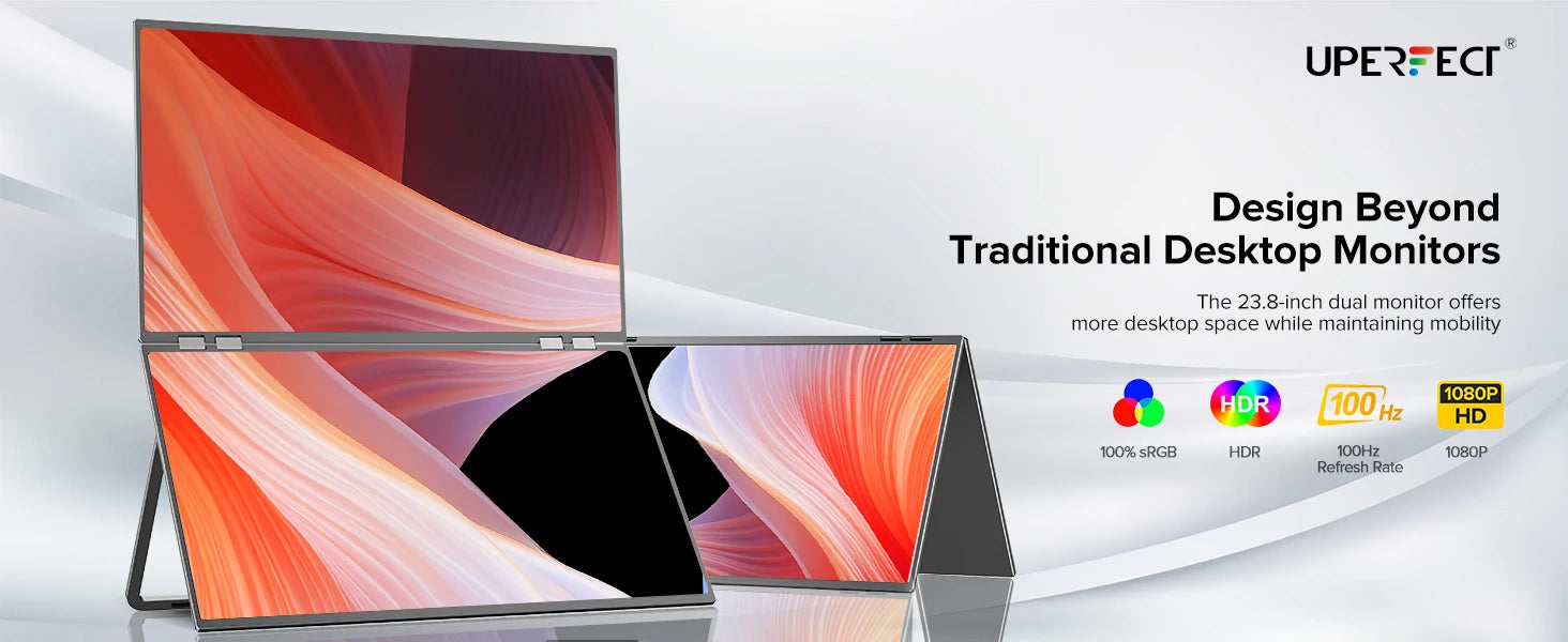 23.8" 100Hz Dual Screen Stacked Computer Monitor 1080P HDR 360° Folding Triple Portable Display for Laptop PC Phone Game Console - Limetastore