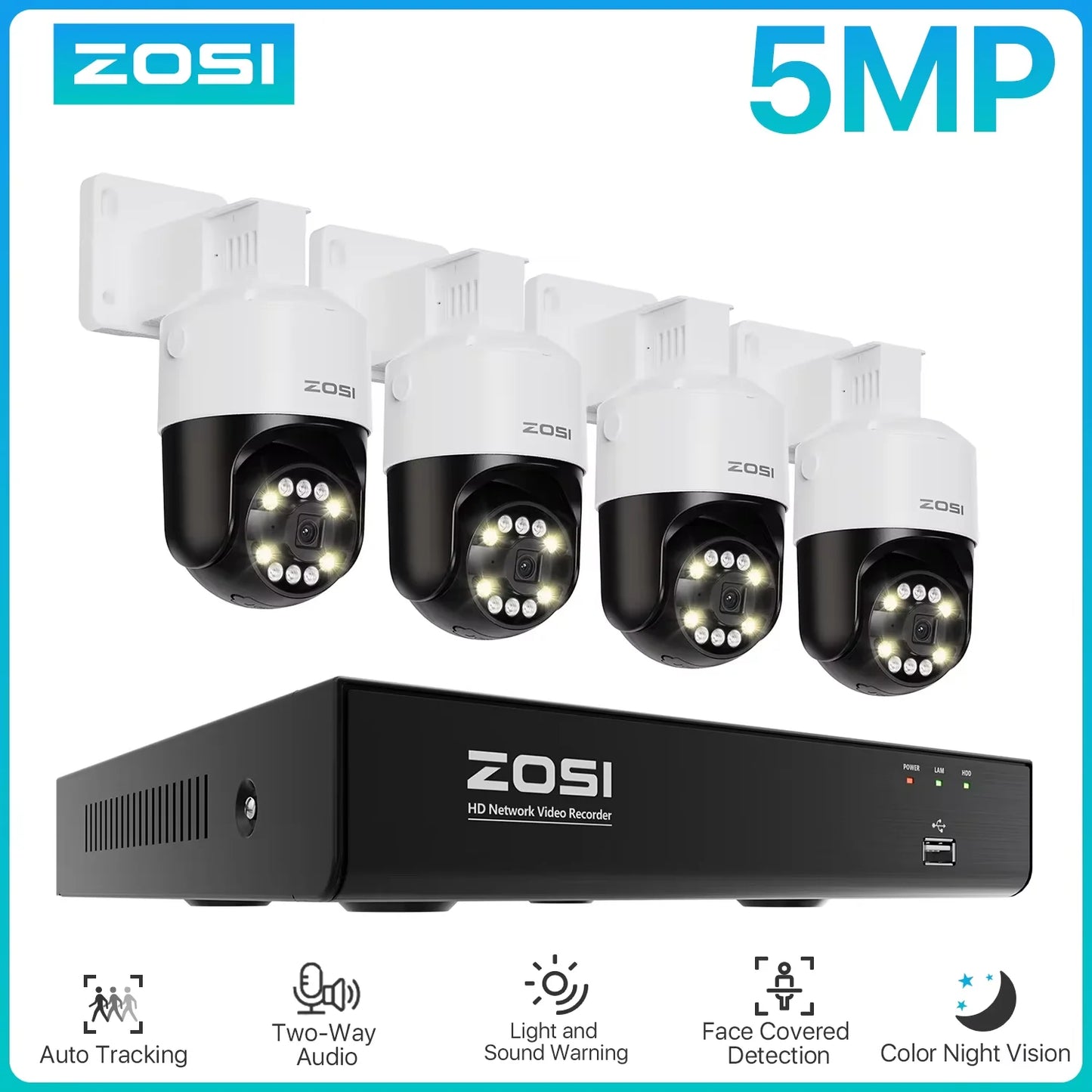 ZOSI 5MP PTZ PoE Security Camera System – 8CH 8MP NVR Kit with Two‑Way Audio | AI Face Detection