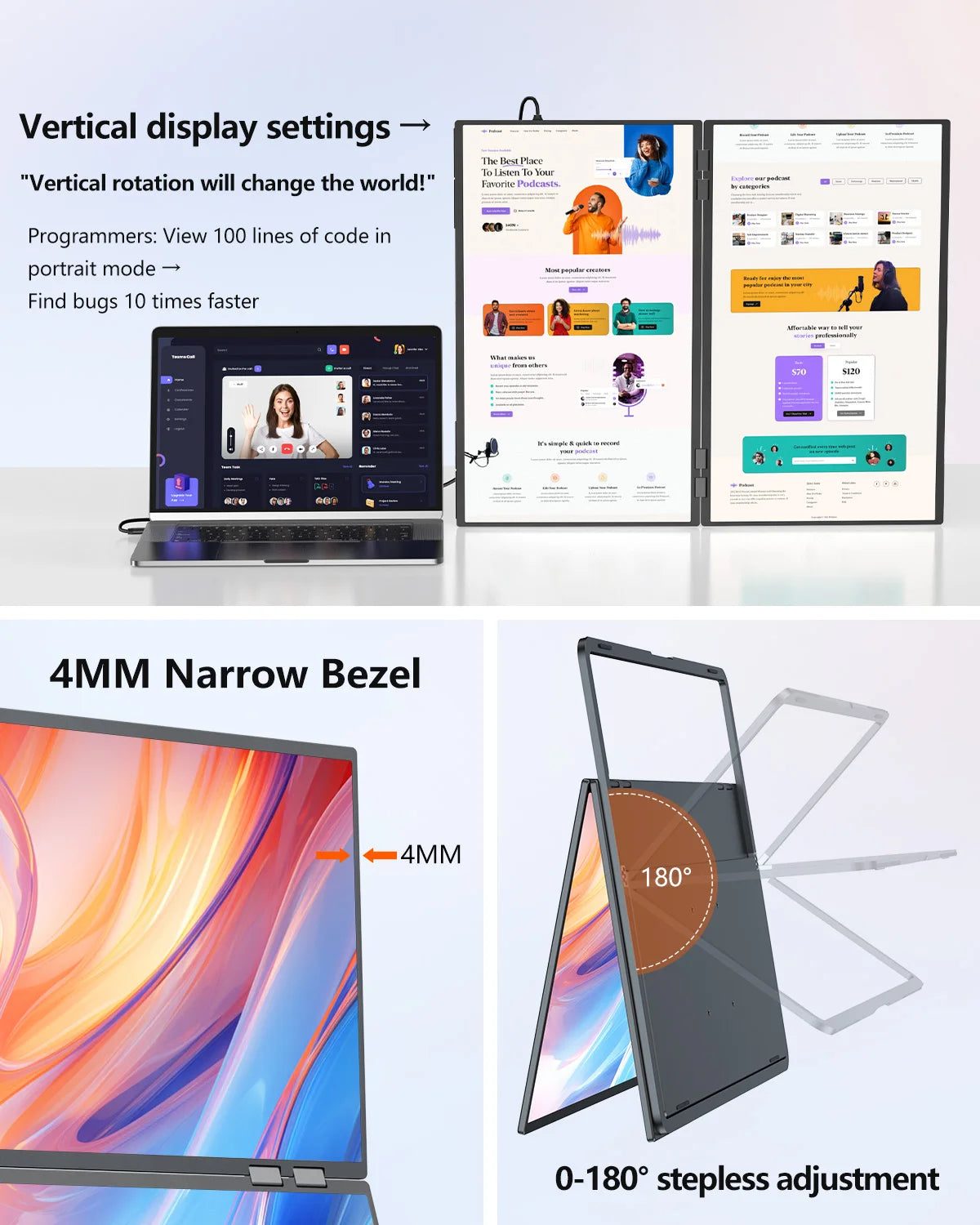 UPERFECT Delta Mega 23.8" Dual Screen Computer Monitor with 100Hz Refresh Rate and Built-in Speakers for Laptop, Desktop PC, MAC, and Phone Extended Play - Limetastore