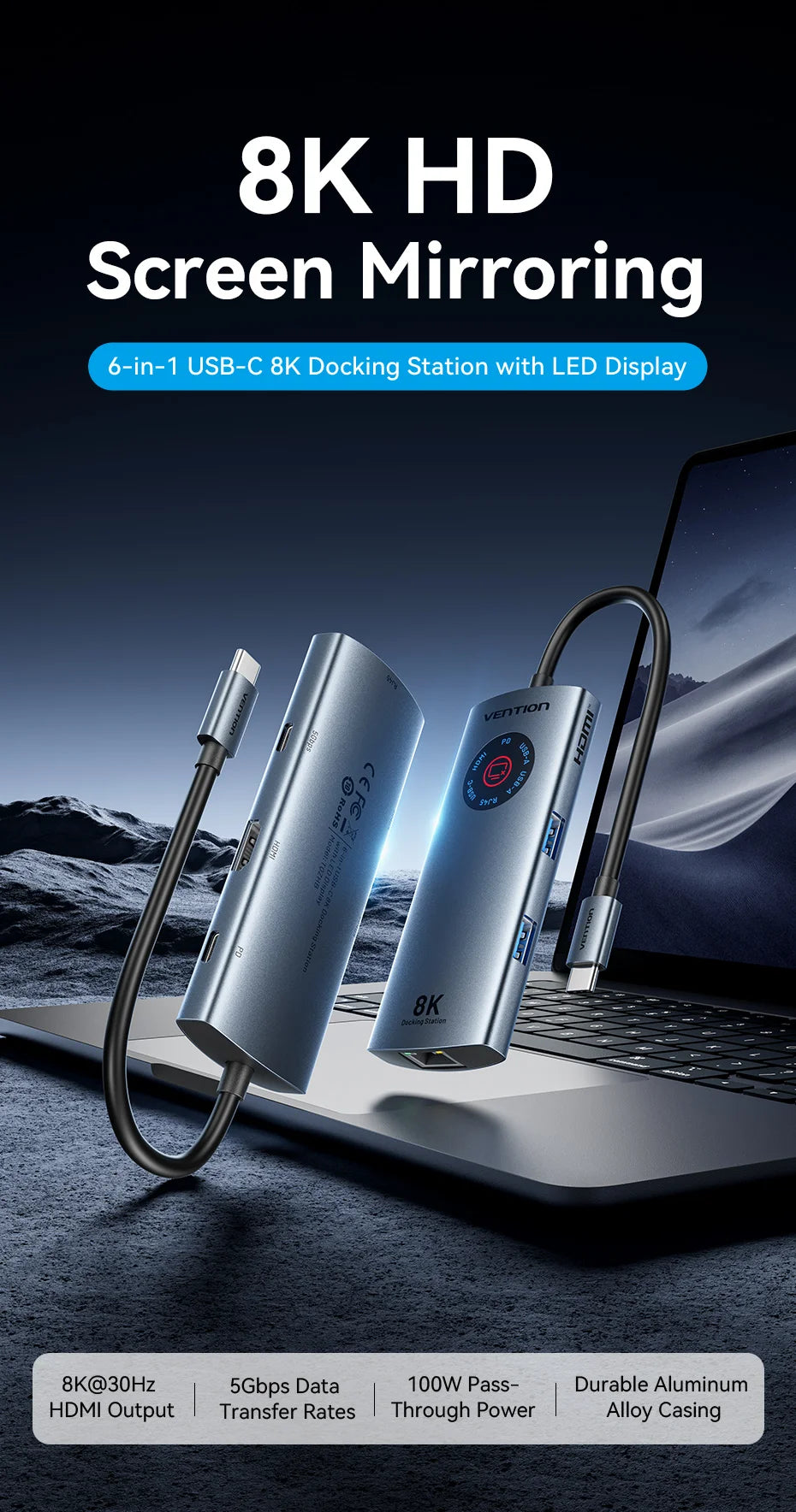 Vention vozlišče USB-C 8K/4K HDMI | LED-zaslon, USB-A/C 3.0, 3.2 Gen1, gigabitni ethernetni adapter