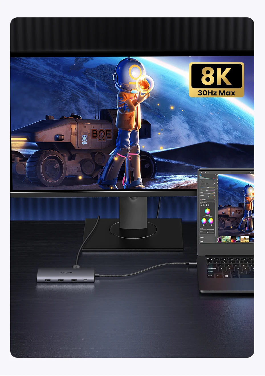 UGREEN 10-v-1 dvojni HDMI USB-C hub z izhodom 8K in 4K, gigabitnim Ethernetom, USB 3.0, PD100W