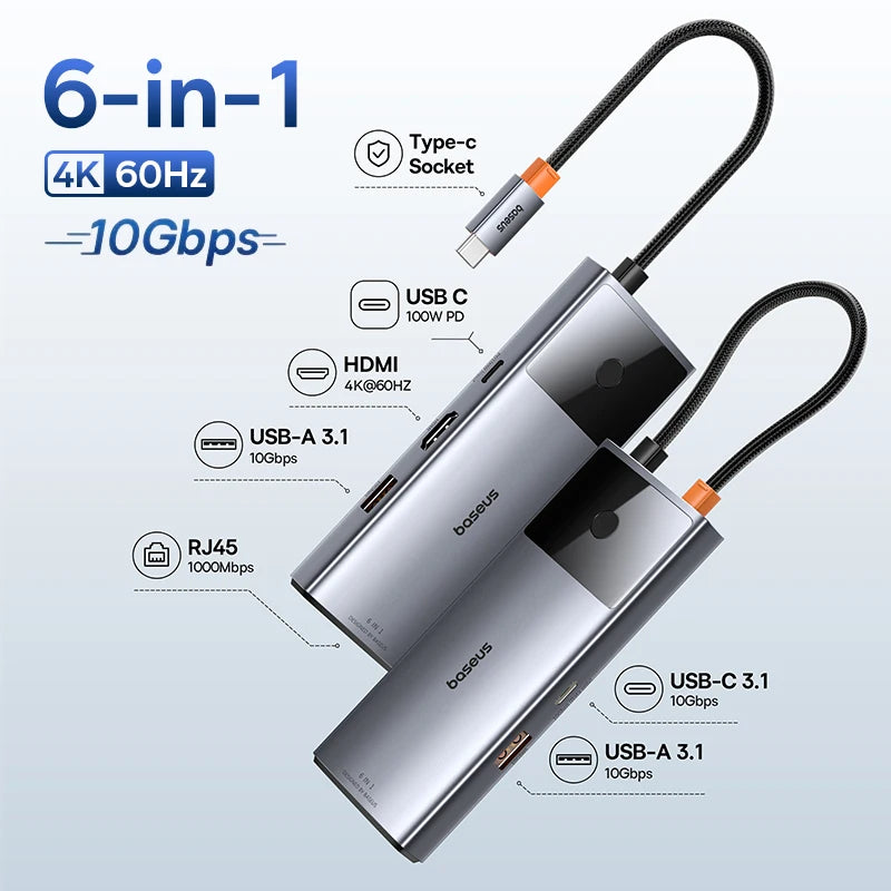 Baseus USB-C Hub | HDMI 4K, USB 3.1 10Gbps, RJ45 Ethernet, SD/TF priklopna postaja za MacBook