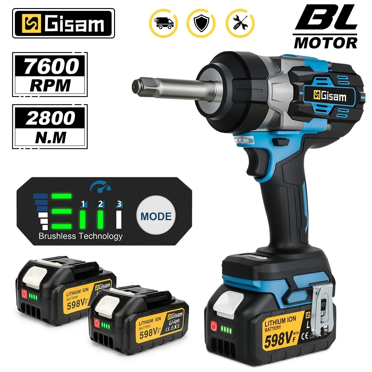 Gisam 2800N.m brezkrtačni udarni vijačnik s podaljšanim nakovalom 1/2"