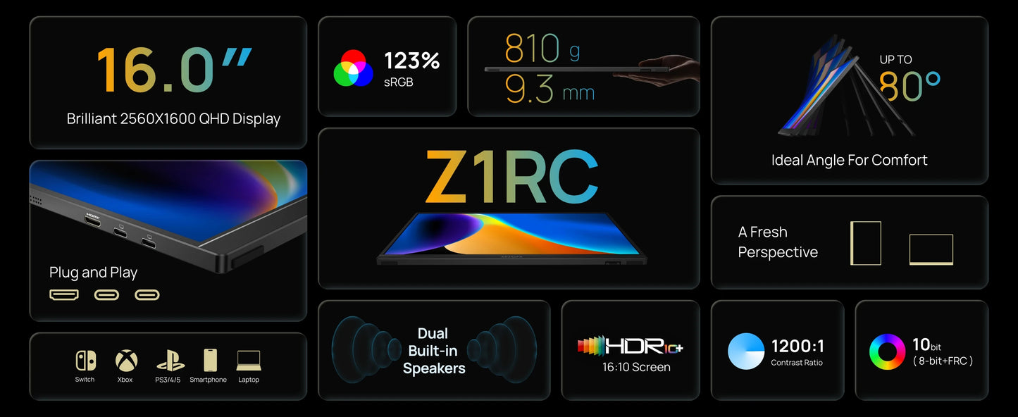 ARZOPA Z1RC 16" Portable Monitor | 2.5K 2560×1600, IPS, 100–123% sRGB, USB‑C & HDMI