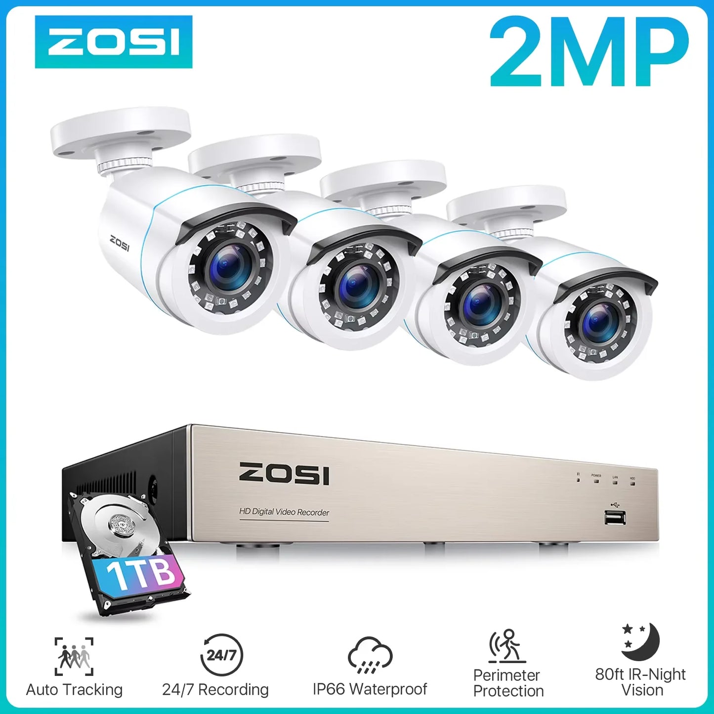 ZOSI 1080p 2MP žični varnostni sistem za dom – 8-kanalni H.265+ DVR s 4/8 zunanjimi nočnimi kamerami