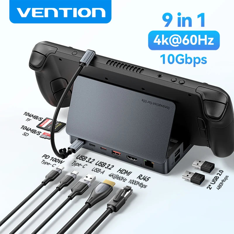 Vention USB‑C Dock for Steam Deck | 4K60Hz HDMI, USB 3.2 10Gbps, RJ45, SD/TF, Multi‑Device Gaming Hub