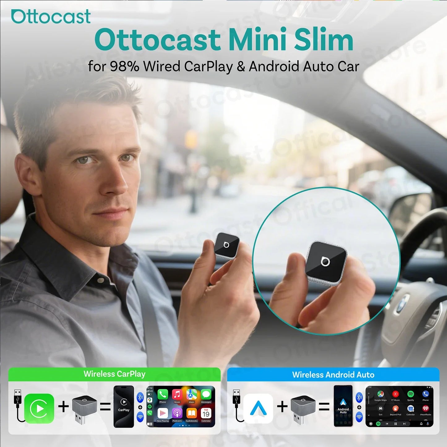 OTTOCAST Mini Slim Cube Wireless CarPlay & Android Auto Adapter
