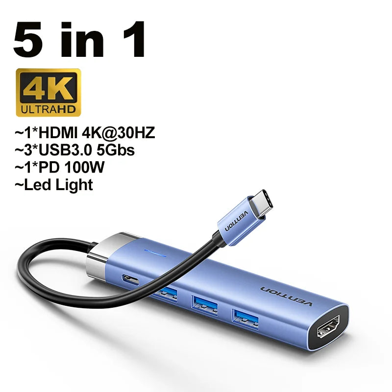 Vention zvezdišče USB-C 5-v-1 | HDMI 4K, PD 100 W, priklopna postaja USB 3.0 5 Gbps