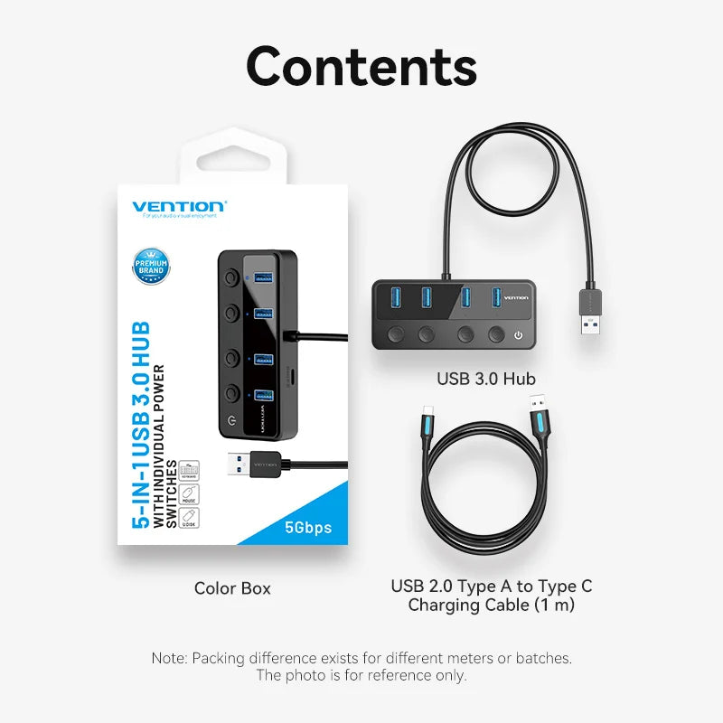 Vention USB 3.0 HUB s posameznimi stikali | 5Gbps visokohitrostni podaljšek USB-A vrat