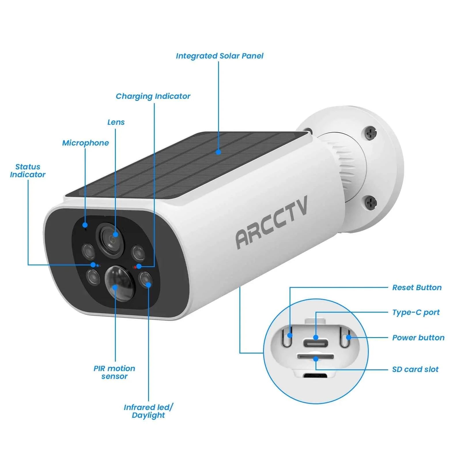 ARCCTV 2K Solar Wifi Battery Camera Kit Surveillance Security System Humanoid Detection Siren Alarm Outdoor Wireless Camera Set - Limetastore