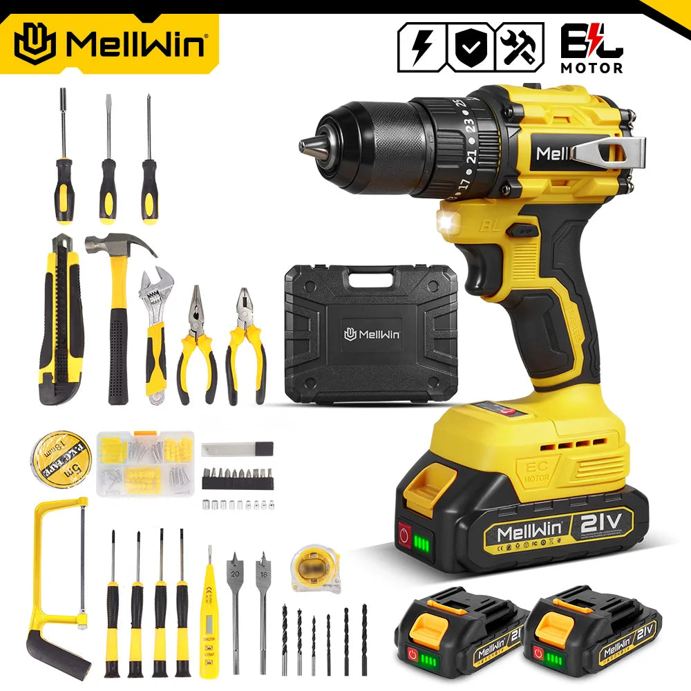 MELLWIN 480N.m Brushless Electric Impact Drill Set 3 IN 1 Cordless Multipurpose Screwdriver Tool Set For Makita 18V Battery Pin - Limetastore