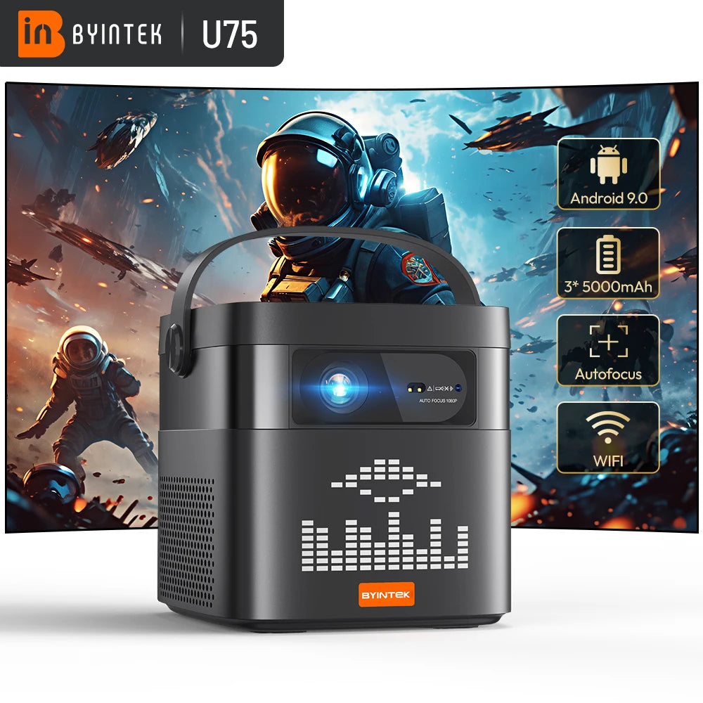 BYINTEK U75 Smart Portable DLP Projector – 15000mAh Battery, Native 1080P, 4K Support