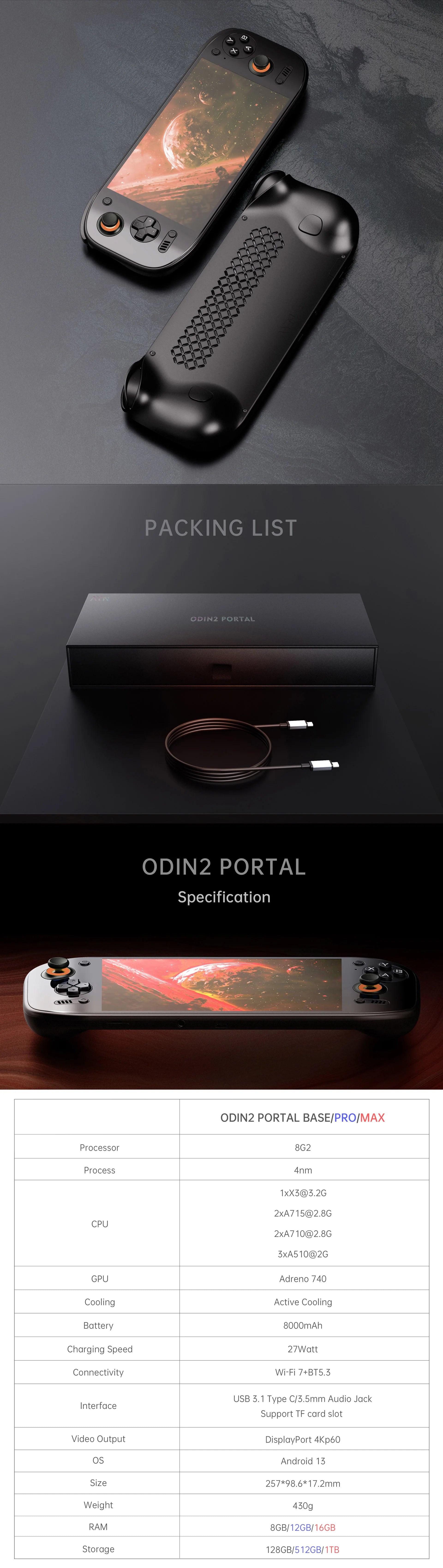 AMPOWN AYN Odin 2 Portal Handheld Game Players 7-Inch OLED 8Gen2 8000mAh Android 13 Portable Retro Video Game Custom Wireless - Limetastore