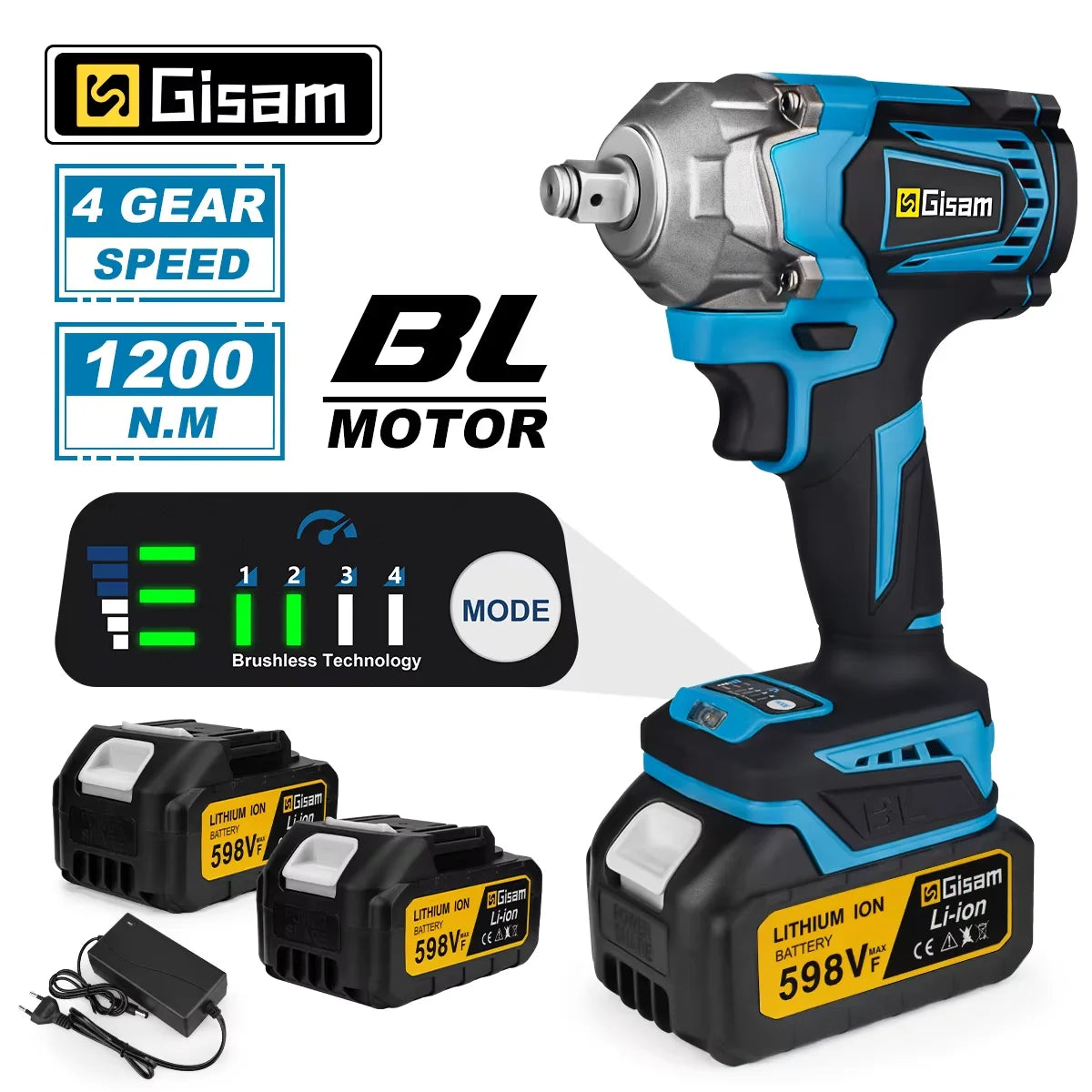 Gisam 1200 N.m udarni vijačnik brez ščetk 1/2"