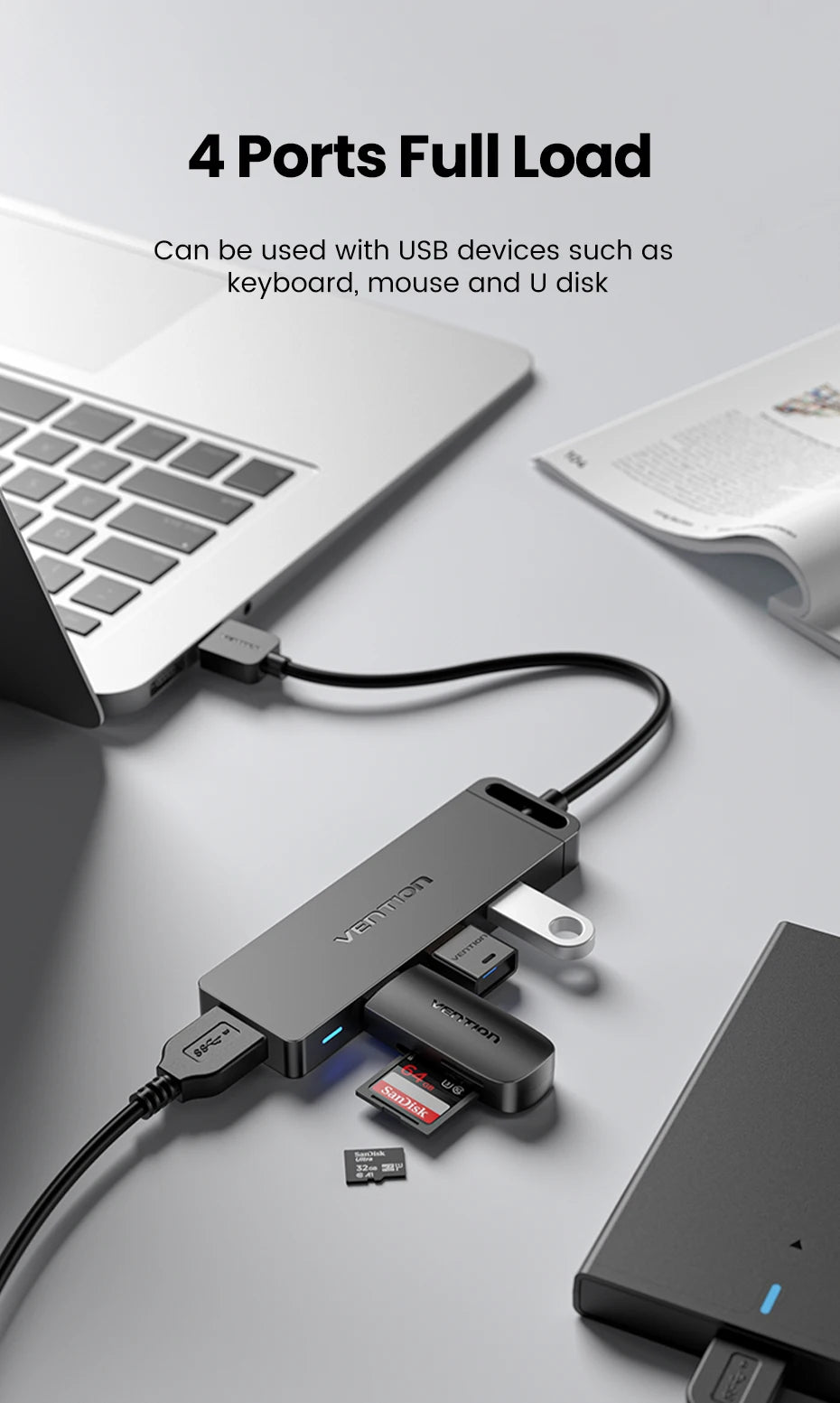 Vention USB 3.0 Hub 4‑Port | 5Gbps High‑Speed Multiport Splitter for Laptop & Desktop
