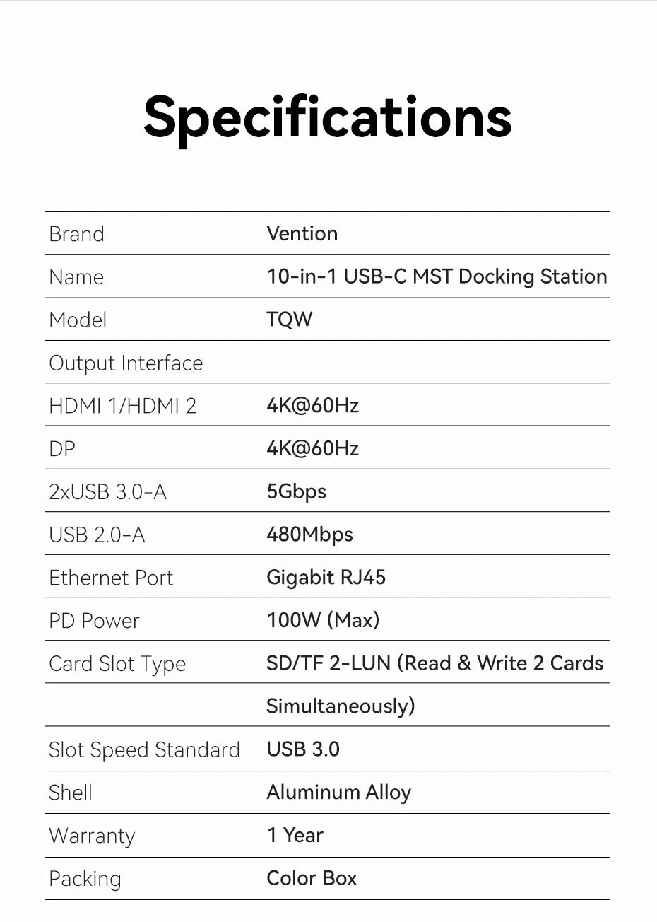 Vention USB‑C 10‑in‑1 Hub | HDMI + DP 4K60Hz, RJ45, PD 100W, USB 3.0 Docking Station