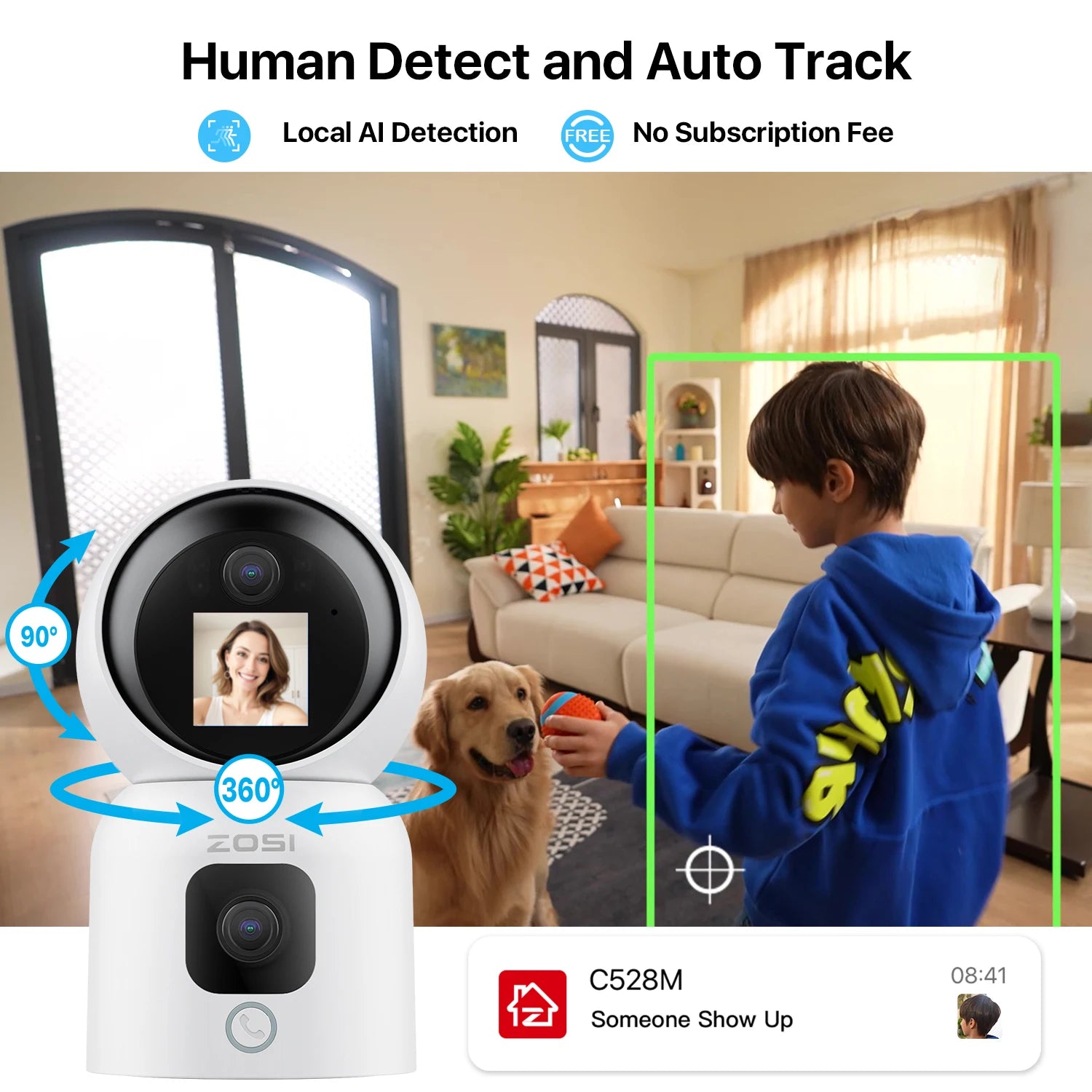 ZOSI 360° PTZ pametna domača varnostna kamera – notranji WiFi monitor za dojenčke in hišne ljubljenčke s samodejnim sledenjem, zaznavanjem z umetno inteligenco in HD nočnim vidom